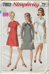 7802 SIMPLICITY 1968 SEAMED SHORT - LONG SLEEVE DRESS COLLAR OR NOT PATTERN 14 36"B UNCUT